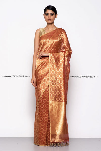 Handwoven Rust Red Patterned Tissue Organza Saree