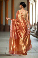 Load image into Gallery viewer, Handwoven Rust Red Patterned Tissue Organza Saree
