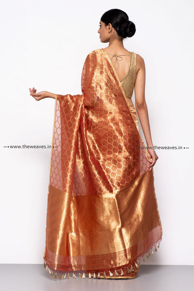 Handwoven Rust Red Patterned Tissue Organza Saree